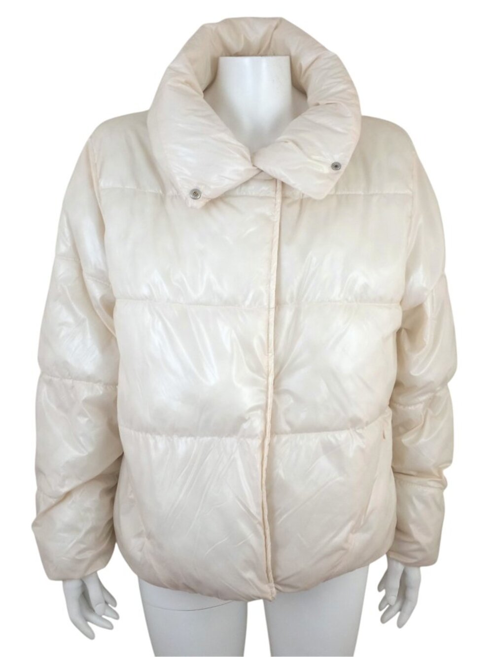 A New Day Ivory Nylon Insulated Puffer Jacket Womens L Zip Snap Water Resistant